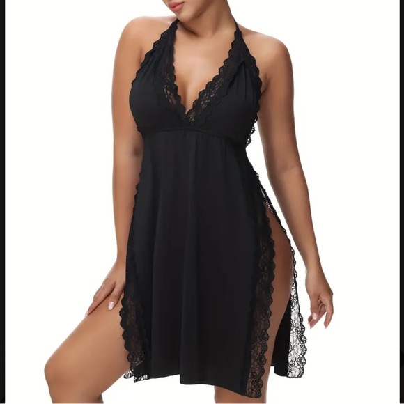NEW•1X•CREME DE LA CREME BE BOLD BLACK SLINKY LACE SLIP DRESS - Picture 1 of 13
